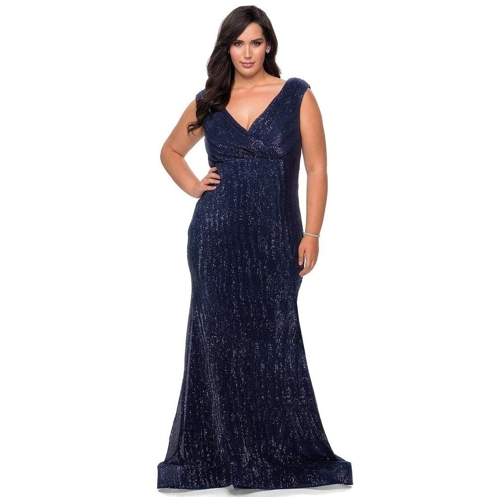 NEW La Femme Curve Sequin Sparkle 28770 Gown Dress Womens Navy Blue Size 12